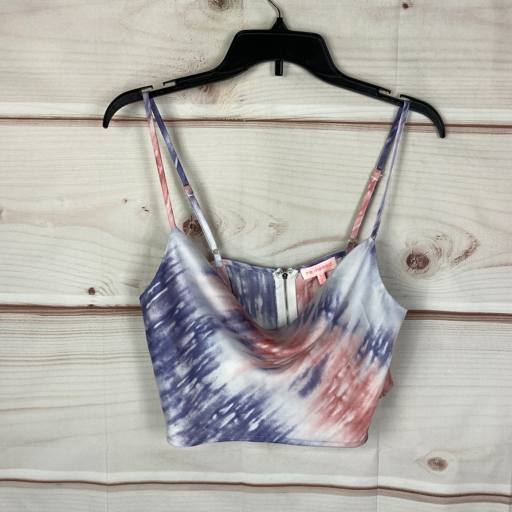 Re:Named Top Womens M Satin Tie Dye Crop Tank Cowl Neck Sleeveless Cami Zipper
